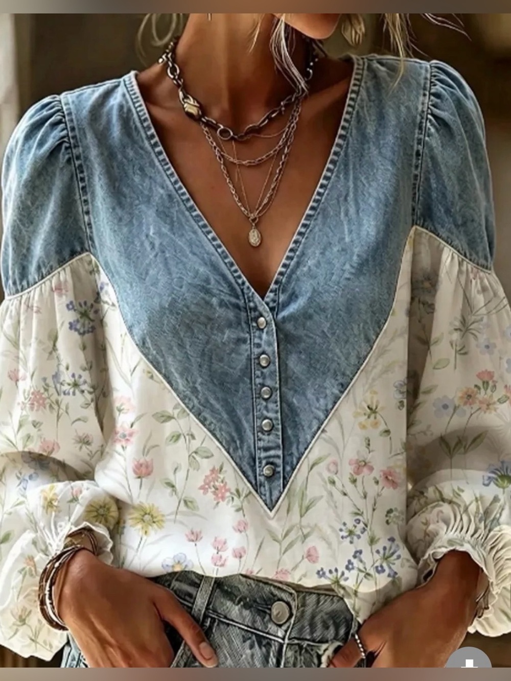 🩵Cotton Denim V-Neck Boho Floral Blouse - Blue/Cream
